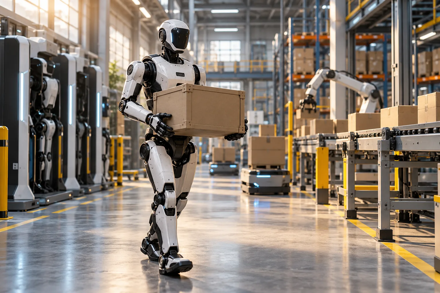Illustration générique d’un robot humanoïde manipulant une charge dans un entrepôt automatisé.