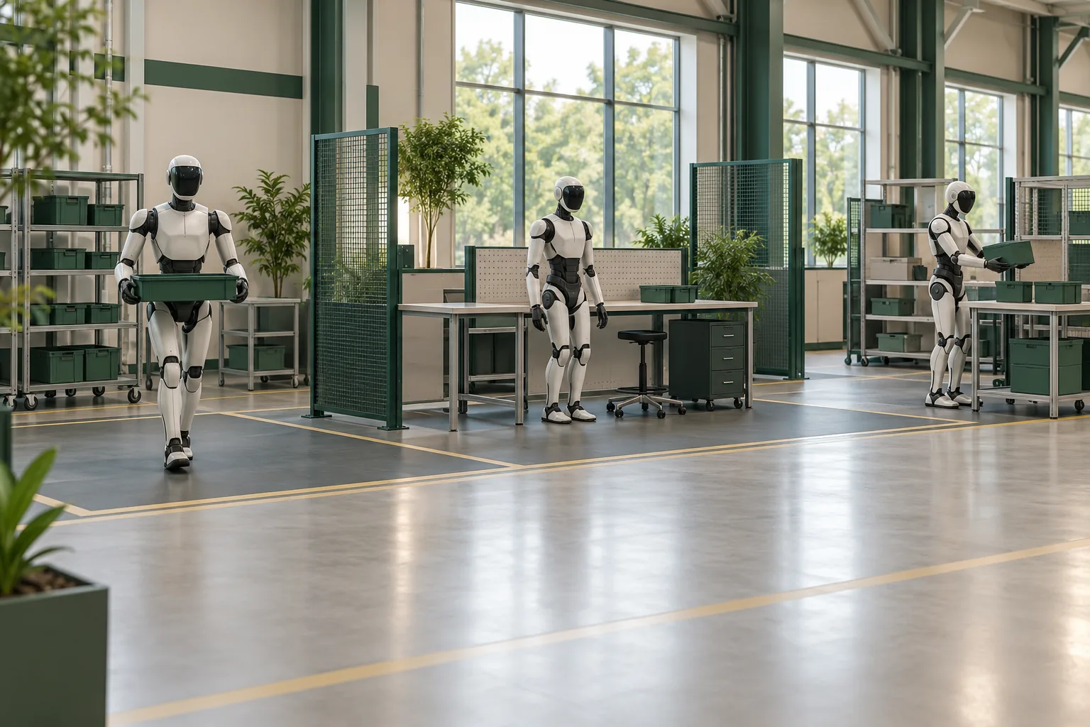 Hall conceptuel avec trois humanoïdes génériques sur des postes d'entraînement séparés.