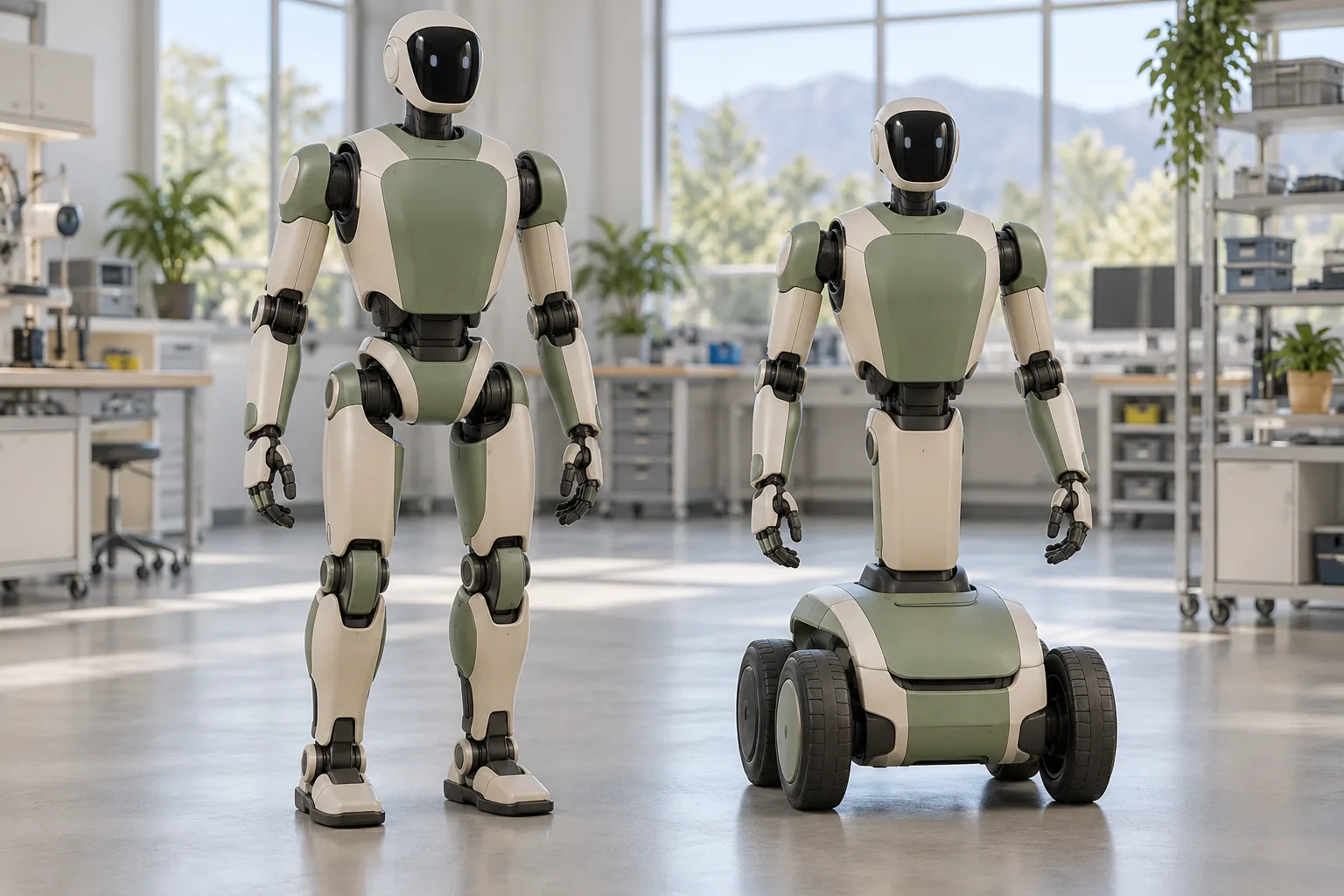Deux robots génériques à torse et bras, l'un sur jambes et l'autre sur une base à roues.