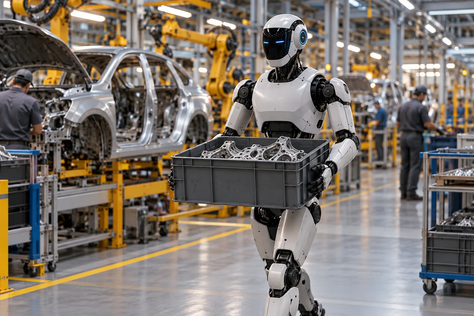 Illustration générique d’un robot humanoïde transportant un bac de pièces dans un environnement industriel automobile.