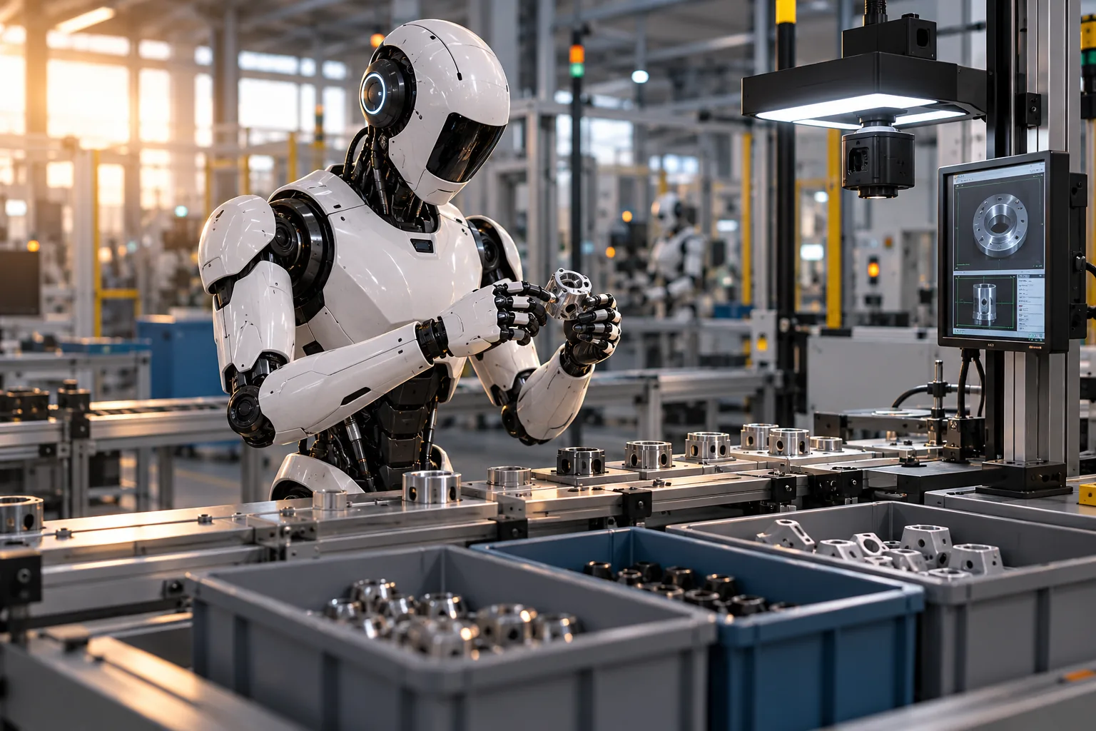 Illustration générique d’un robot humanoïde manipulant des pièces dans un environnement industriel.