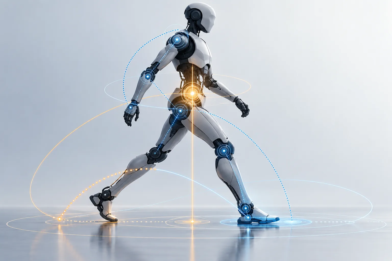 Schéma conceptuel d’un humanoïde reliant perception du mouvement, équilibre et correction des appuis