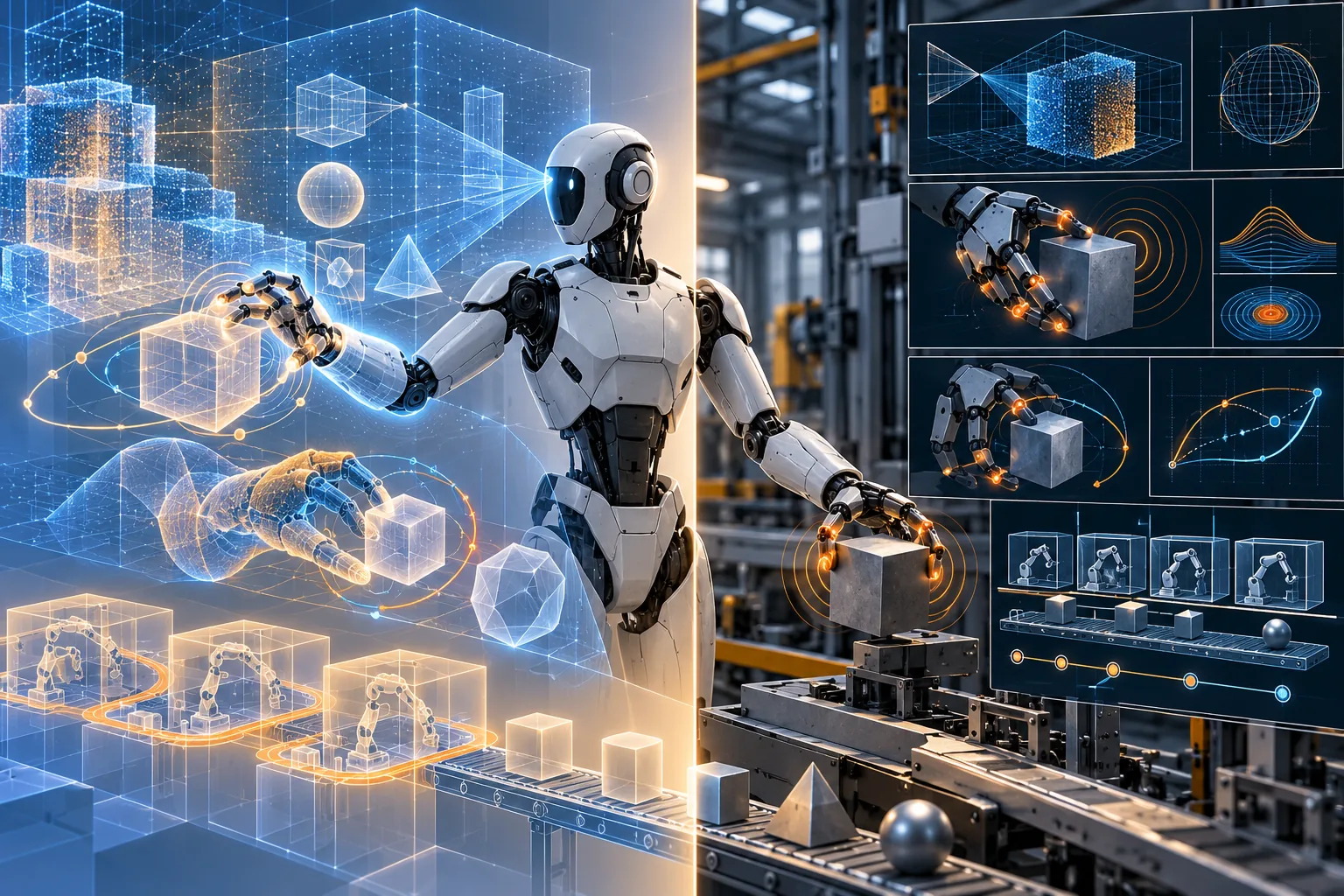 Robot humanoïde détaillé manipulant des cubes sur un convoyeur, entouré de schémas de perception et de préhension dans une usine.
