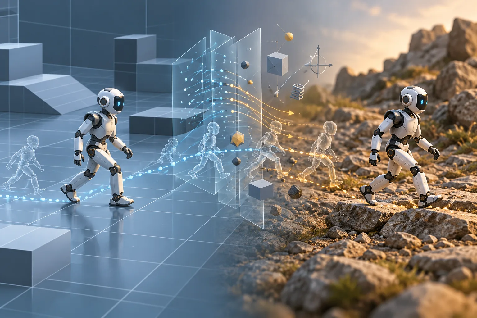 Humanoïde passant d’un environnement simulé à un terrain réel aux propriétés physiques différentes