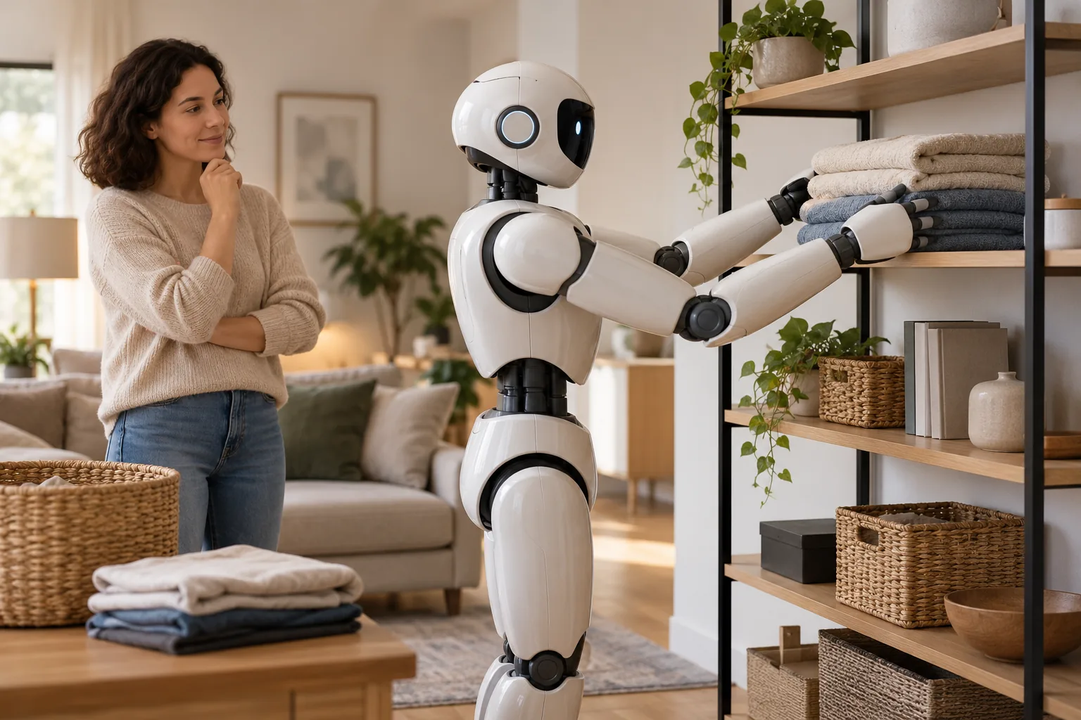 Illustration générique d’un robot humanoïde assistant une personne à ranger du linge dans un intérieur domestique.