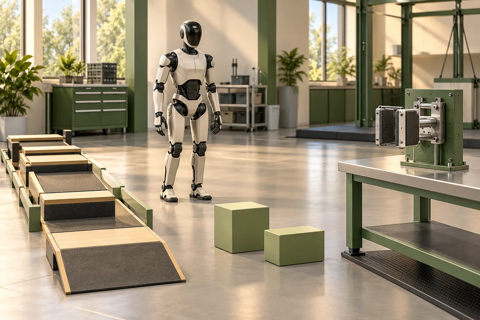 Laboratoire conceptuel avec un humanoïde générique et plusieurs dispositifs d'essai.
