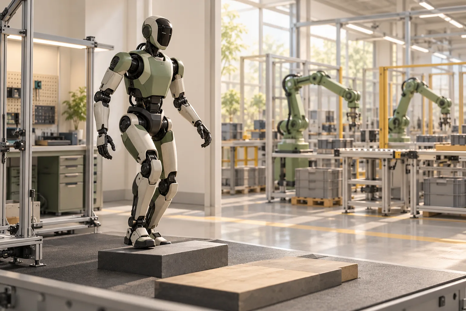 Humanoïde générique sur une plateforme de laboratoire devant un espace industriel.