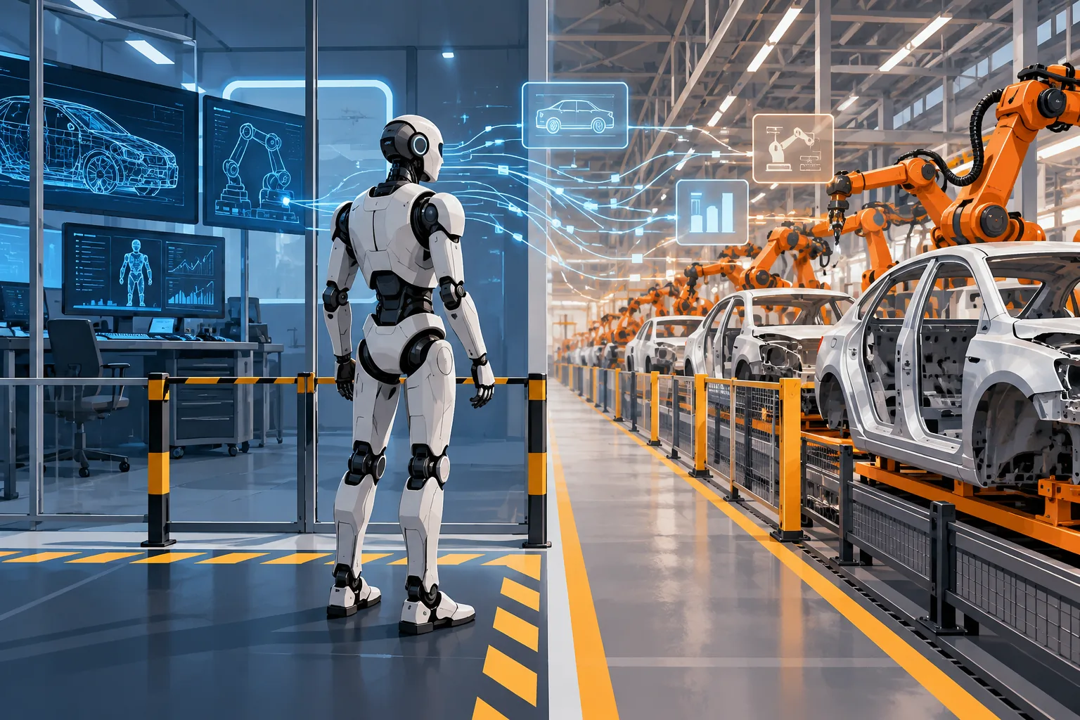 Illustration conceptuelle d’un robot humanoïde entre une zone d’essai et une ligne de production automobile